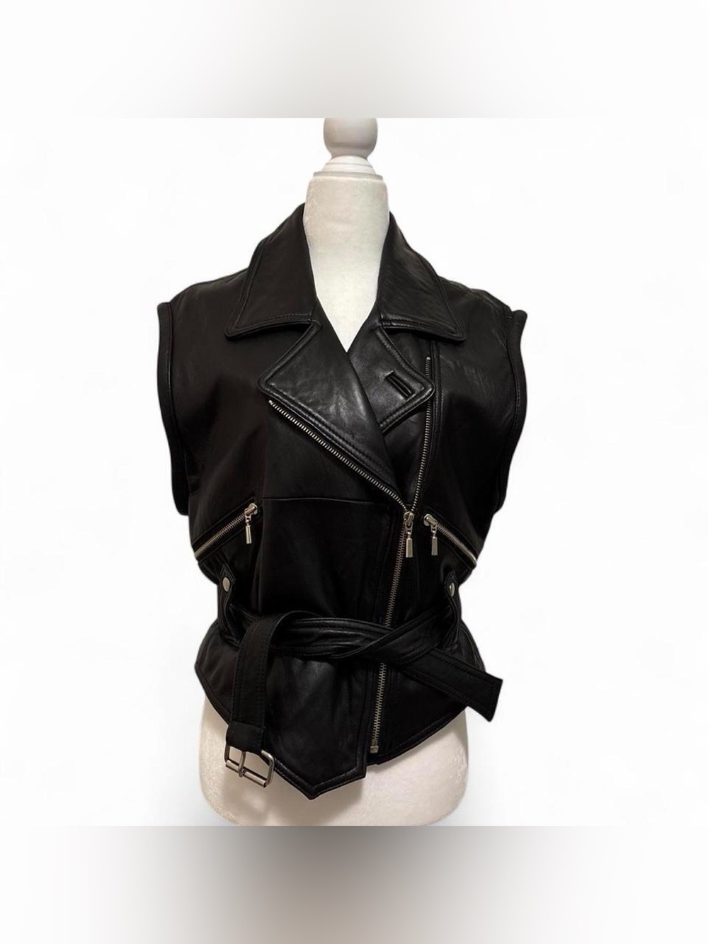 Siena Studio Black Sleeveless Leather Moto Vest with Belt